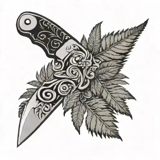 Folding Knife On The Background Of A Fern