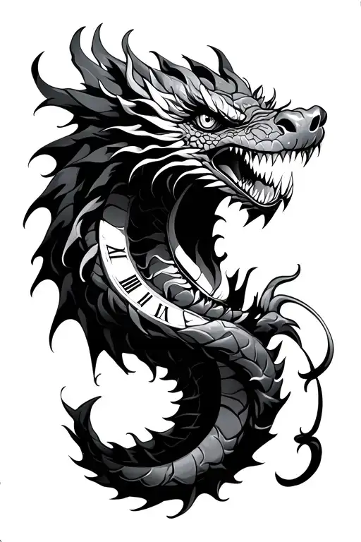 Japanese Dragon Mouth Open Wrapped Around A Clock
