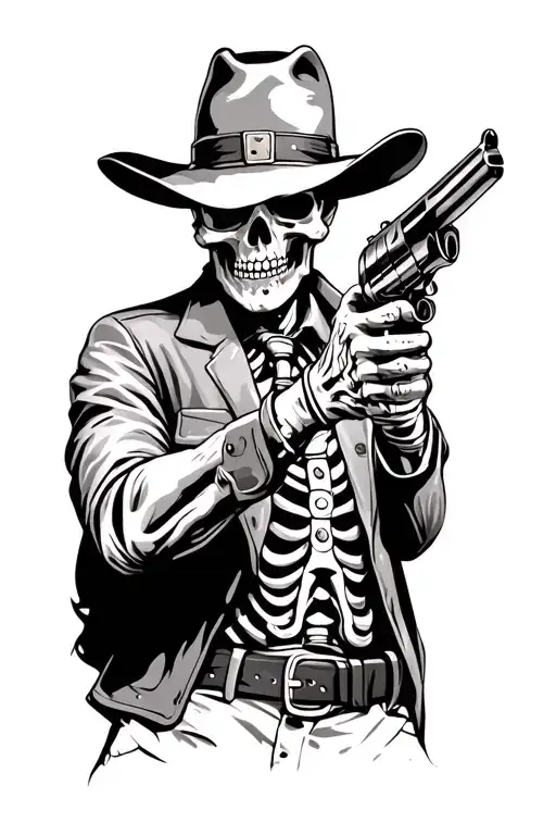 Skeleton Cowboy Gunslinger Holding Revolver After Shooting