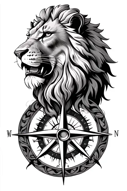Lion Face And Compass Rose Intertwined