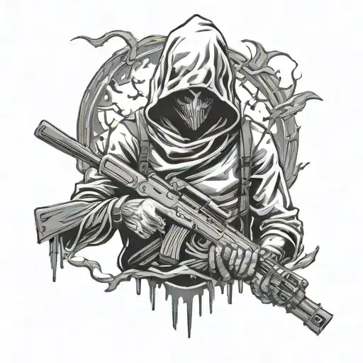 Wicked Hooded Man Holding A Ak 47 Gun