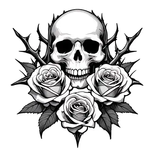 Skull And Roses With Thorns Intertwined