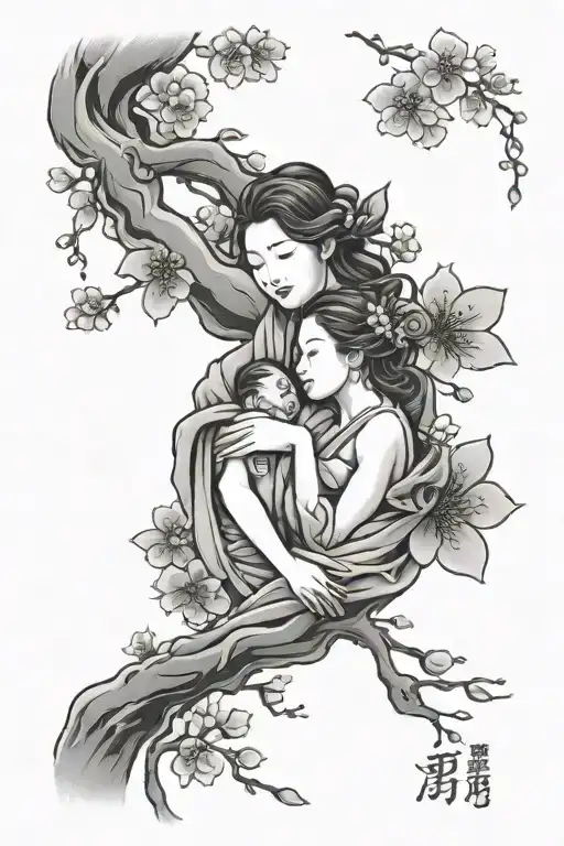 Mother And Love Translated To Japanese With Cherry Blossoms Intertwined