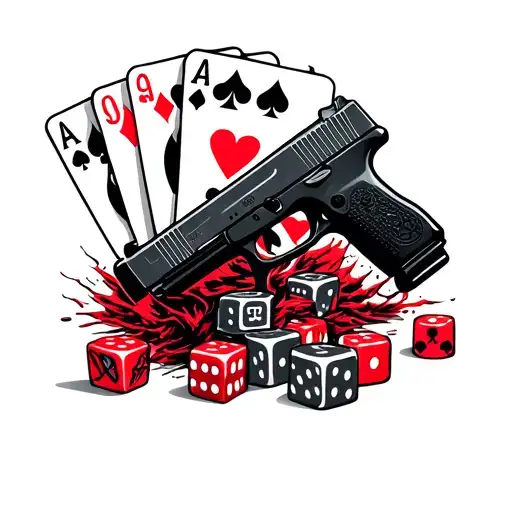 Risk Taker In Black And Red With Playing Cards Dice And Glock