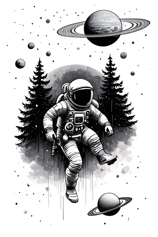 Astronaut Falling Down To A Forest With Planets Above Him