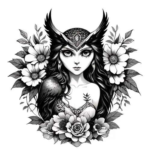 Goddess With Flowers Owl And Hour Glass