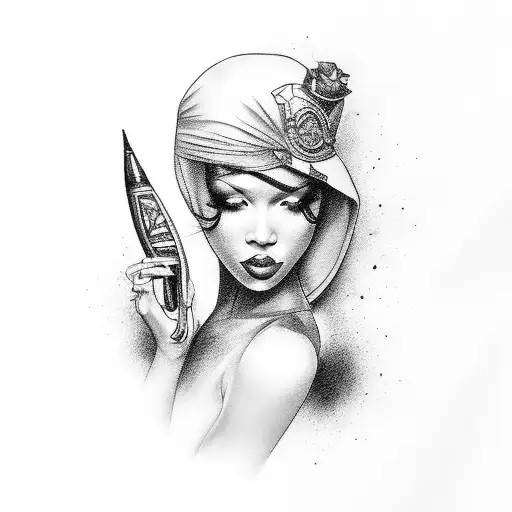 A Black-grey Tattoo Showcasing The Elegance And Confidence Of A Female Stripper