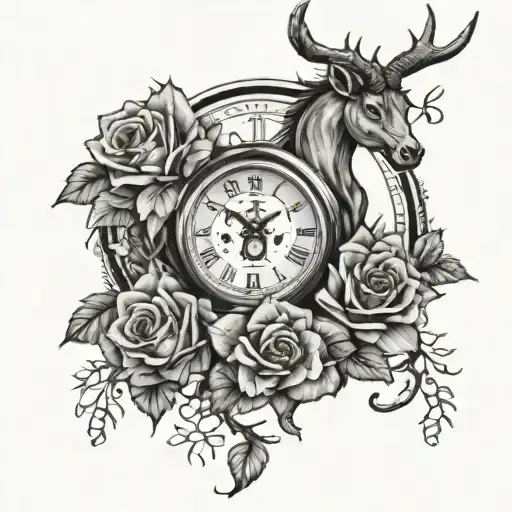 Clock With Roses And A Capricorn In A Forest