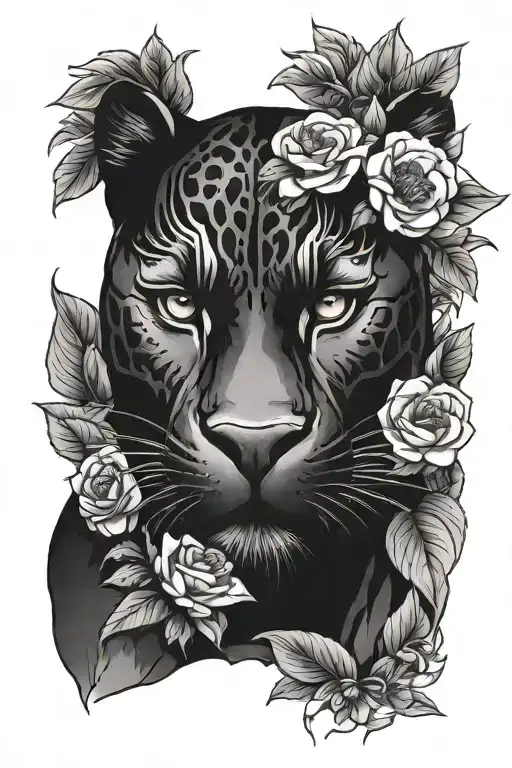Black Panther Head With Flowers Surrounding