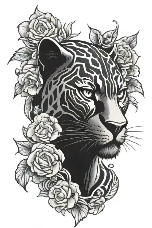 Black Panther Head With Flowers Intertwined