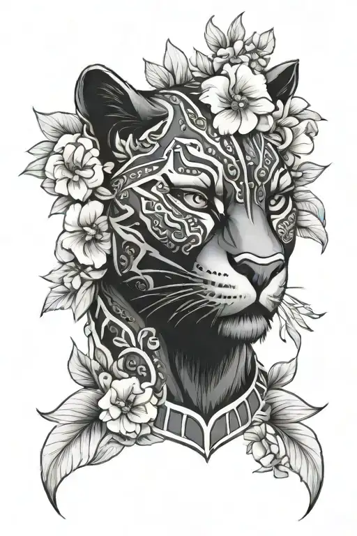 Black Panther Head With Flowers