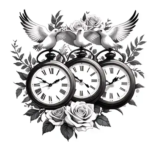 3 Birth Clocks In A Vertical Row With Roses And Doves