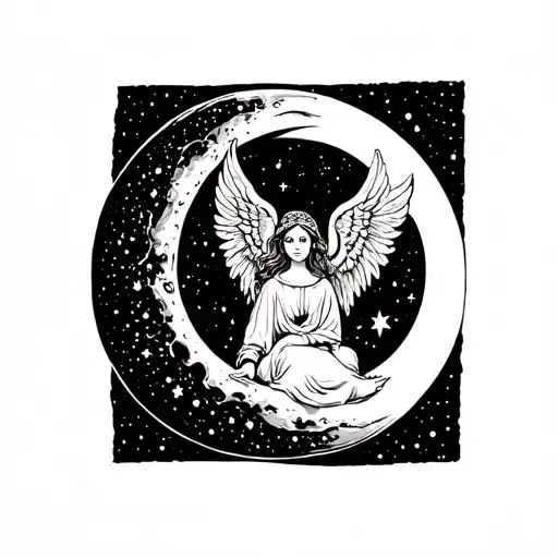 Angel Girl Child Sitting On A Moon Minimalistic Fine Line