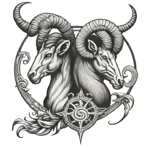 Close Up Tattoo Of Capricorn And Aries Looking Horizontally In Opposite Directions