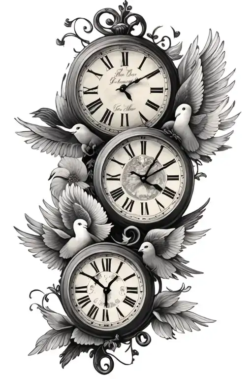 One Big Clock With Three Different Birth Dates With Doves