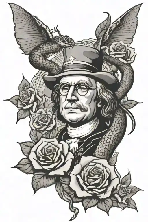 Snake And Benjamin Franklin And A Rose And A Star And Bitcoin Logo