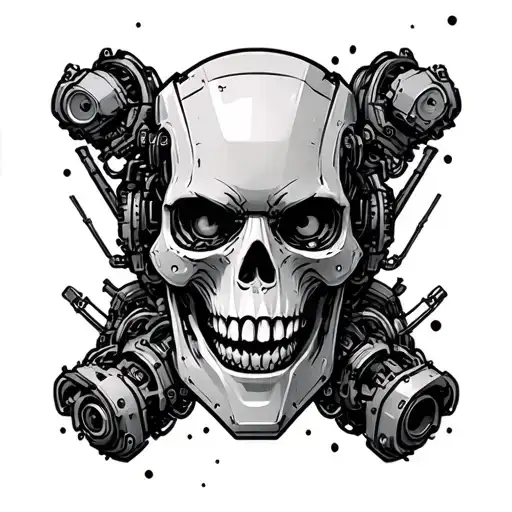 Evil Looking Robot Skull Surrounded By Spare Parts