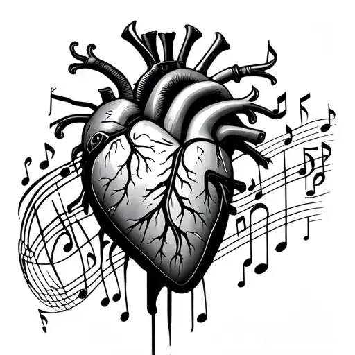 A Human Mechanical Heart With Music Notes Coming Out