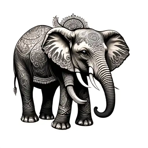 Momma And Son Elephant Adorned With Traditional