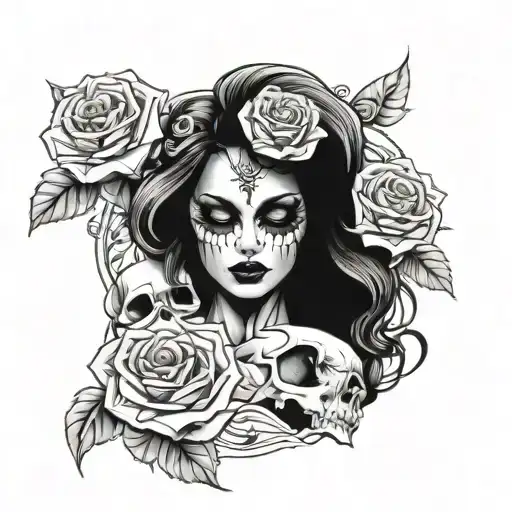 Sexy Woman Holding Skull With Roses