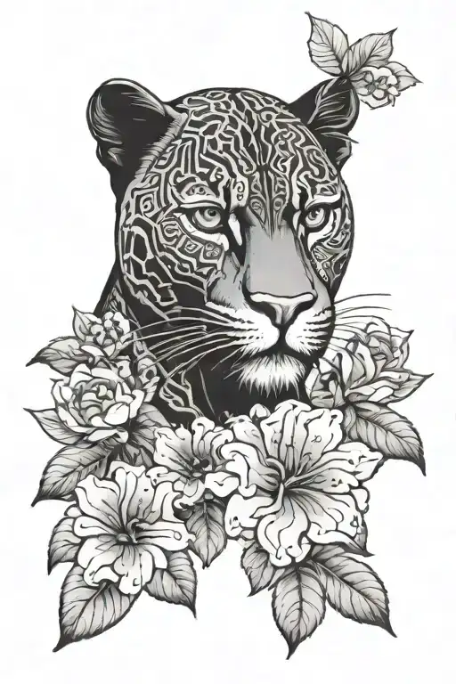 Black Panther Head With Flowers Blooming