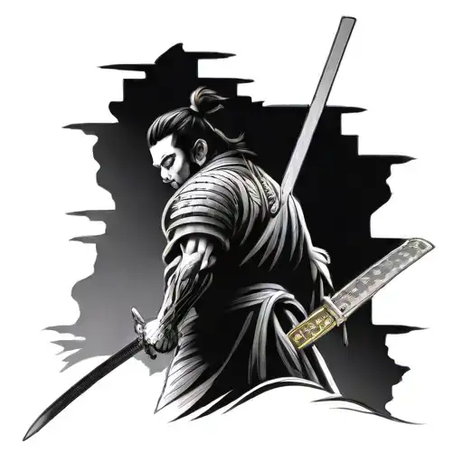 Japanese Samurai Standing Alone Looking Down At His Katana With A Old Building In The Back Ground