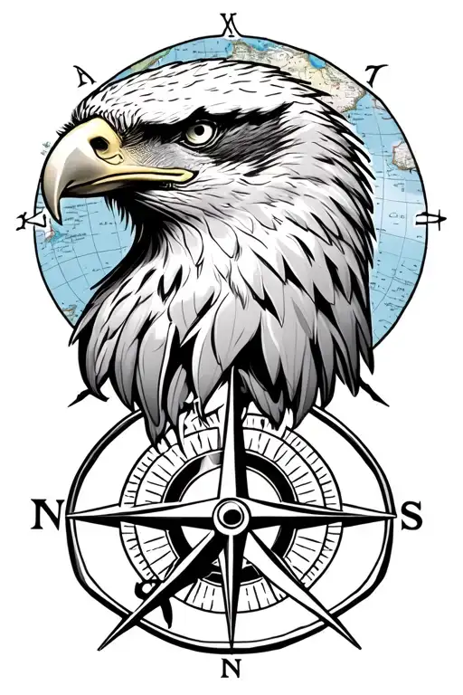 Eagle Head With Nautical Map Behind It And Compass Rose Below It