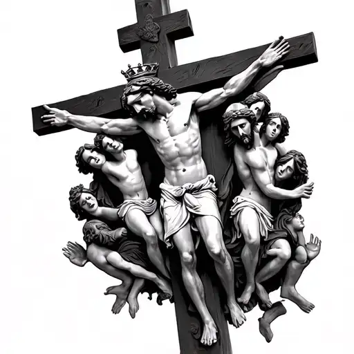 On The Side Of Jesus On The Crucifixes Around Him People And In The Paws Of The Crown