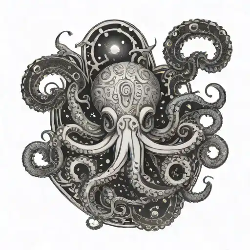A Black And Grey Tattoo Of An Octopus Surrounded By Celestial Bodies And Symbols Of Ancient Gods