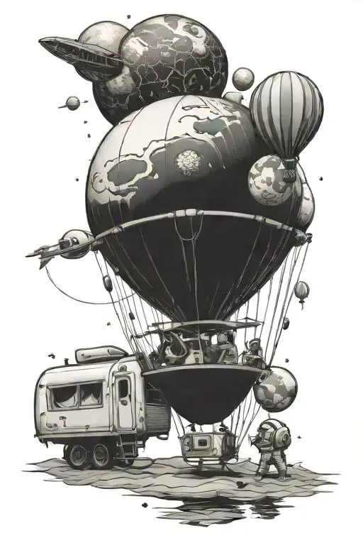 Balloon Planets Holding Single Wide Trailer House And Astronaut
