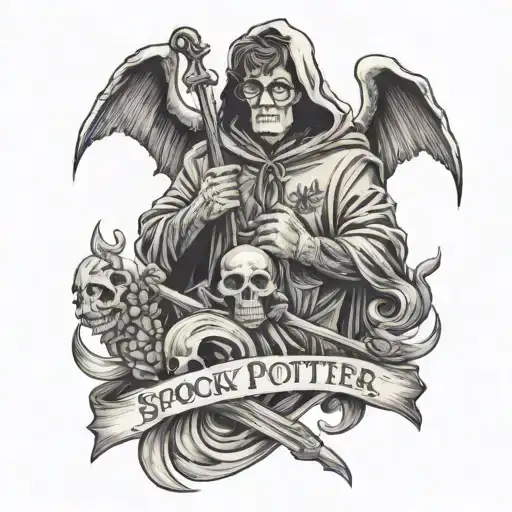 Spooky Harry Potter Sleeve Tattoo With A Grim Reaper With The Angel Dates 11-4-22 And 2-7-23
