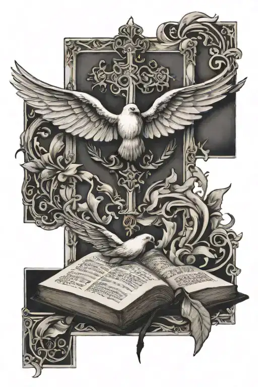 Dove Cross And Bible Book Open In Front