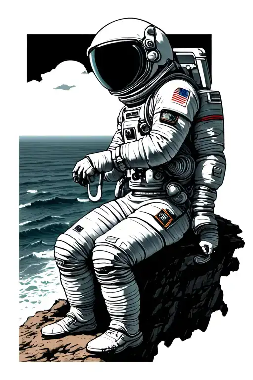 Astronaut Sitting On The Edge Of A Cliff Overlooking The Ocean