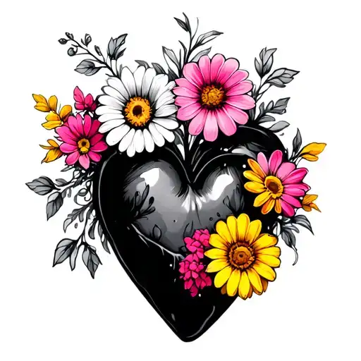 Colorful Flowers Growing Out Of A Black Heart