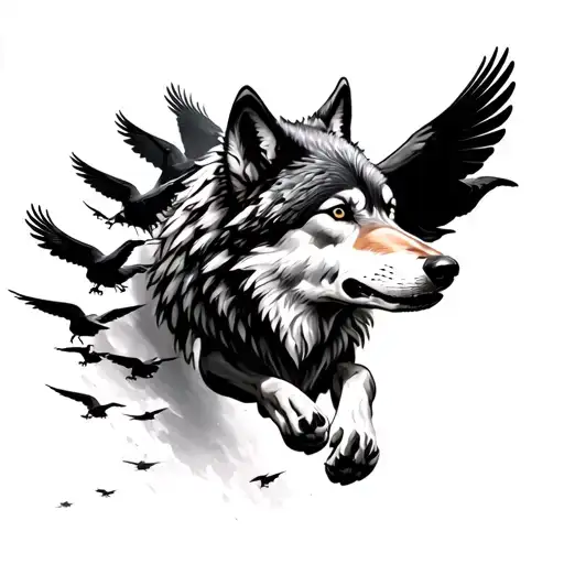 Wolf Running Side Profile That Fades Into A Flock Of Ravens