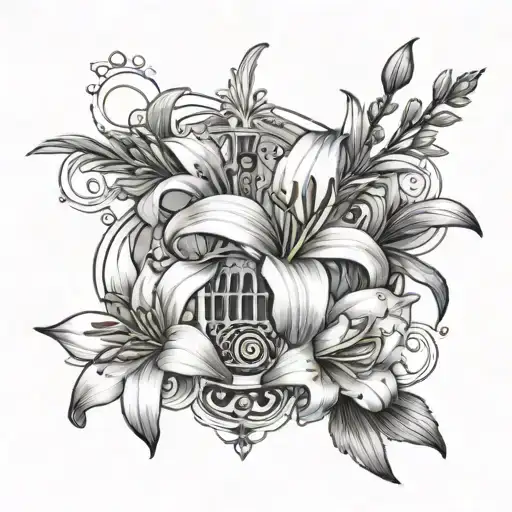 Lily Flower And Pearls And Rosemary Cross And Train