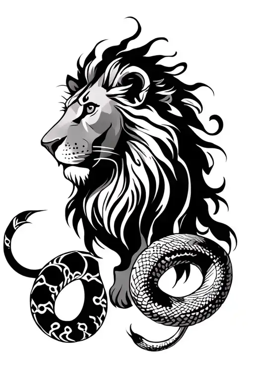 Lion And Snake Combination Tribal Tattoo Black And White