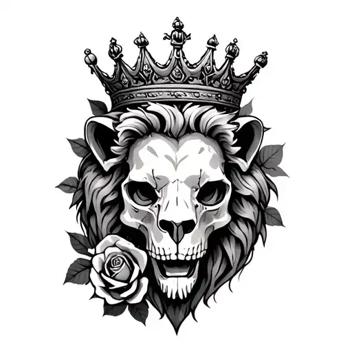Lion Skull With Crown And Roses Growing