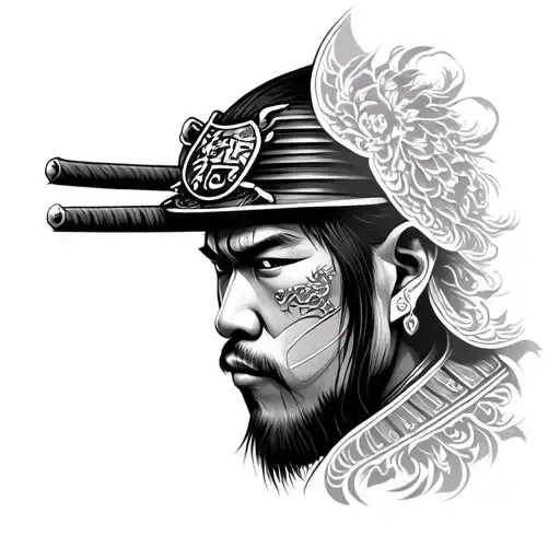 Tatto Of Samurai Art On Right Side And Half Face Made
