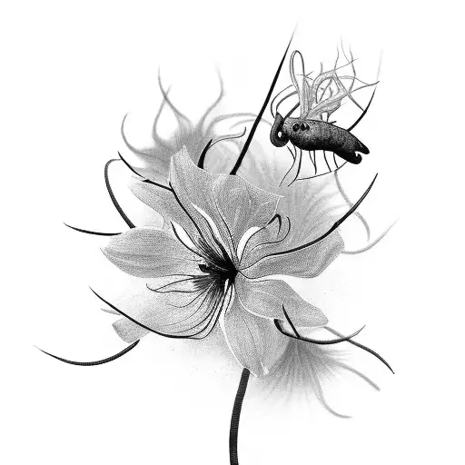 A Black And Grey Portrait Of A Knife Surrounded By Japanese Red Spider Lilies