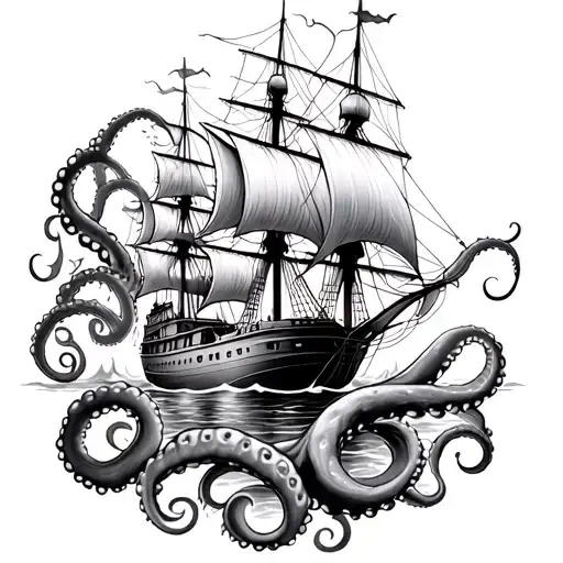 Sea Floor Octopus Wrapping Tentacles Around Sailing Ship