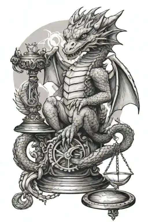 Baby Dragon Sitting On Top Of Scale Of Justice