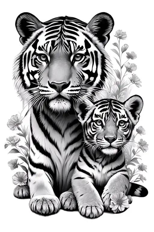 Tiger And Cub With Carnations