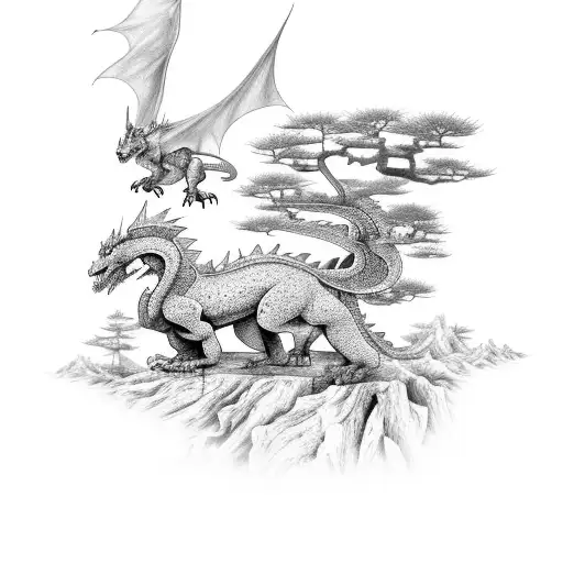 A Mystical Dragon And Wolf Duo Amidst A Forest Of Bonsai Trees