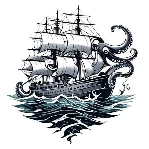 Octopus Pulling A Ship Under The Sea