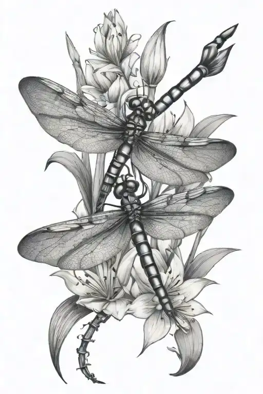 Dragonfly With Lily Flowers