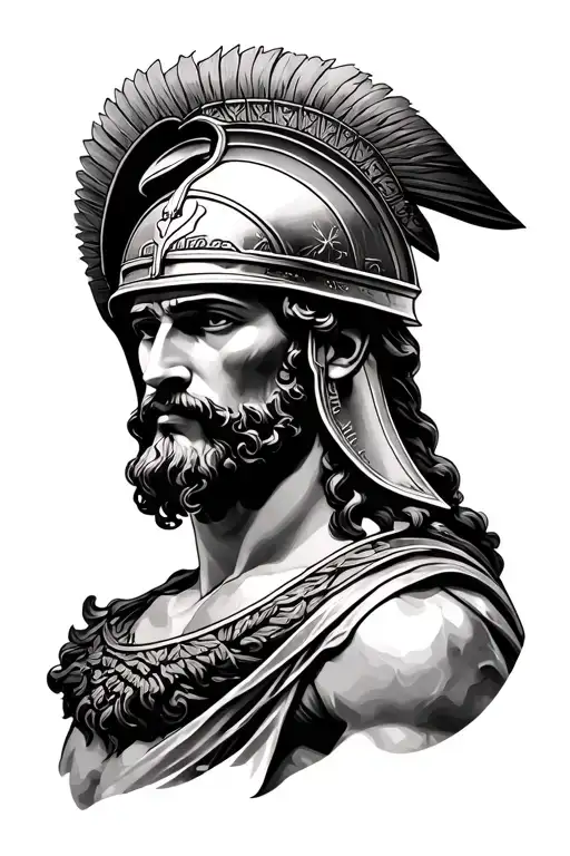 Realism Style On The Outer Forearm Of Greek God Apollo With No Beard Wearing A Warrior Helmet