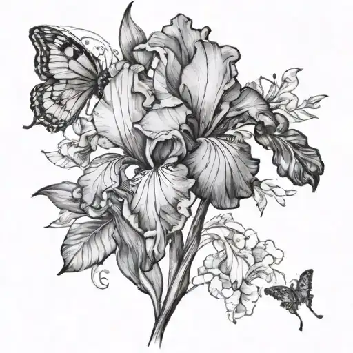 Iris Flower With Butterflies Fluttering And Other Flowers In The Background
