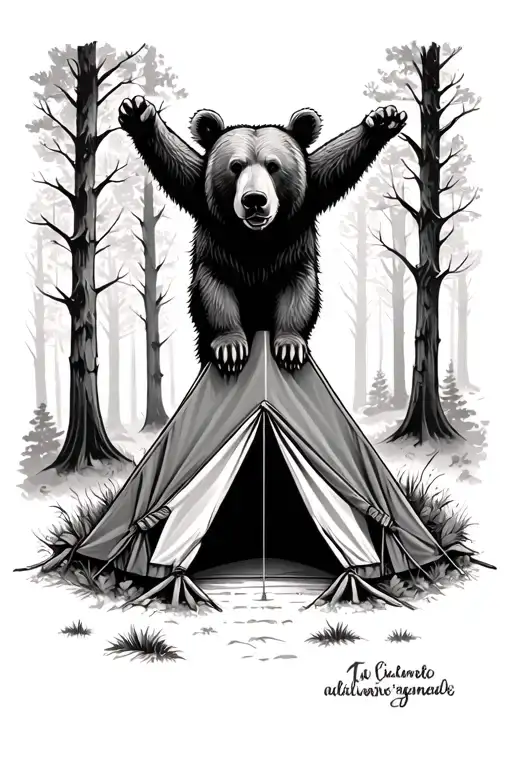 Bear Over Top Of A Canvas Tent In The Woods