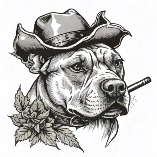Pitbull Dog Wearing A Cowboy Hat And A Marijuana Leaf Shaped Guitar